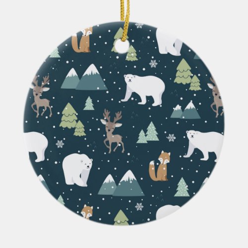 Cute Christmas Winter Animals Rustic Pattern Ceramic Ornament