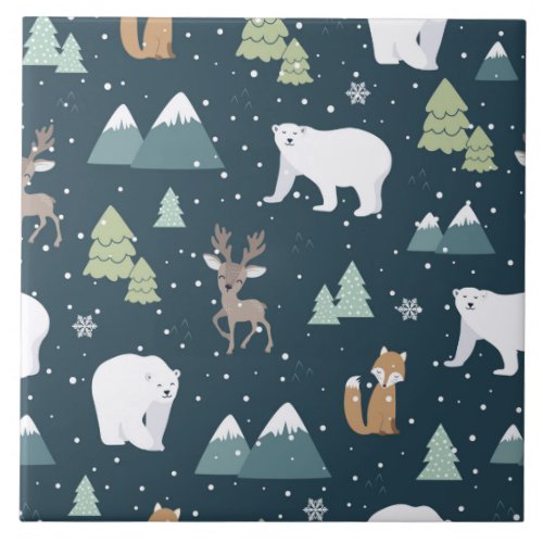 Cute Christmas Winter Animals Rustic Pattern Ceramic Tile