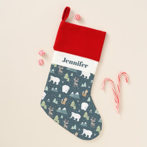 Cute Christmas Winter Animals Rustic Pattern Christmas Stocking