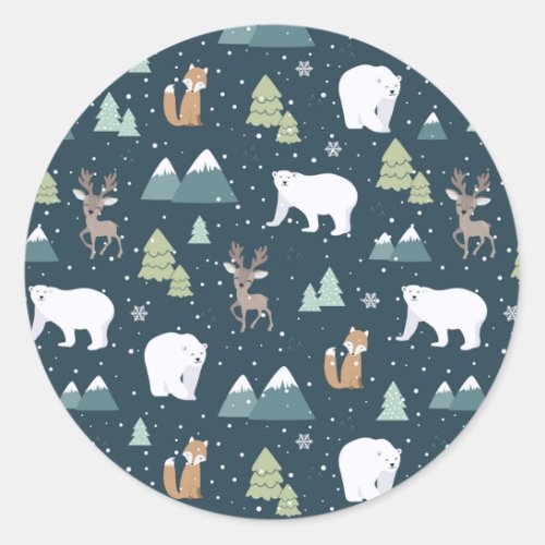 Cute Christmas Winter Animals Rustic Pattern Classic Round Sticker
