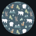 Cute Christmas Winter Animals Rustic Pattern Classic Round Sticker<br><div class="desc">Stickers with a whimsical festive pattern. Polar bears,  reindeers,  trees. foxes,  and snowflakes. On a dark green background.</div>