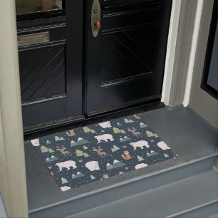 Cute Christmas Winter Animals Rustic Pattern Doormat