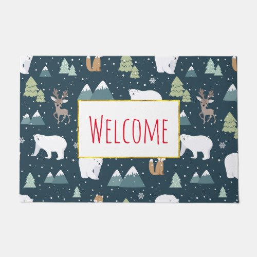 Cute Christmas Winter Animals Rustic Pattern Doormat