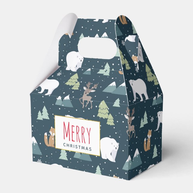 Cute Christmas Winter Animals Rustic Pattern Favor Boxes (Front Side)