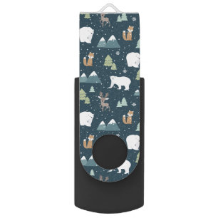 Cute Christmas Winter Animals Rustic Pattern Flash Drive