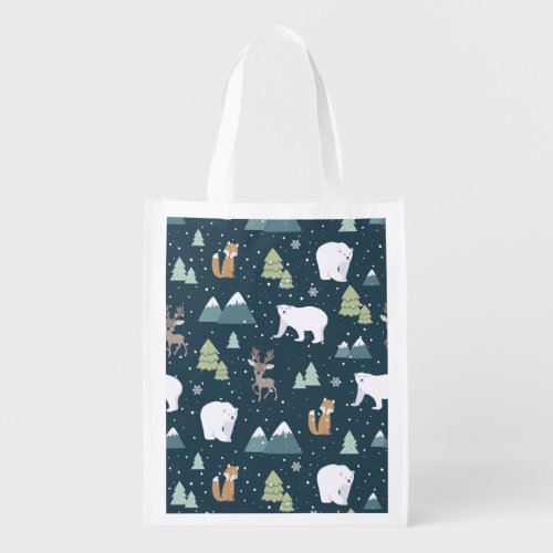 Cute Christmas Winter Animals Rustic Pattern Grocery Bag