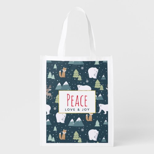 Cute Christmas Winter Animals Rustic Pattern Grocery Bag