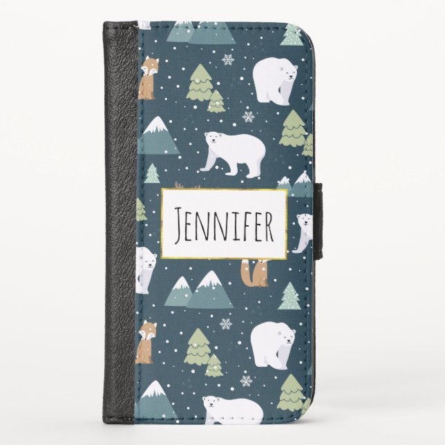 Cute Christmas Winter Animals Rustic Pattern iPhone Wallet Case (Front)