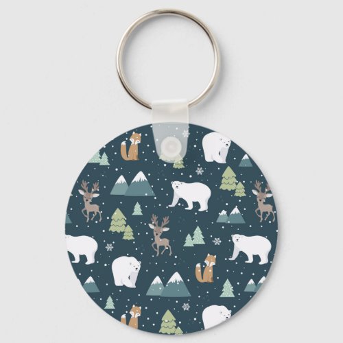 Cute Christmas Winter Animals Rustic Pattern Keychain