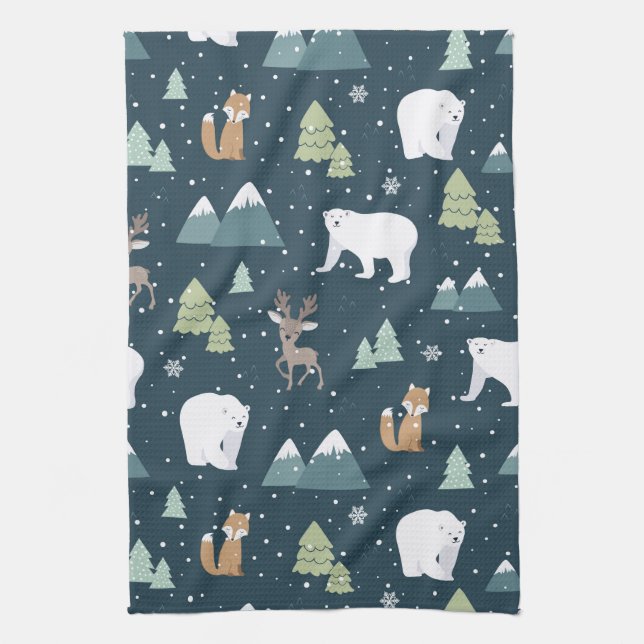 Cute Christmas Winter Animals Rustic Pattern Kitchen Towel (Vertical)