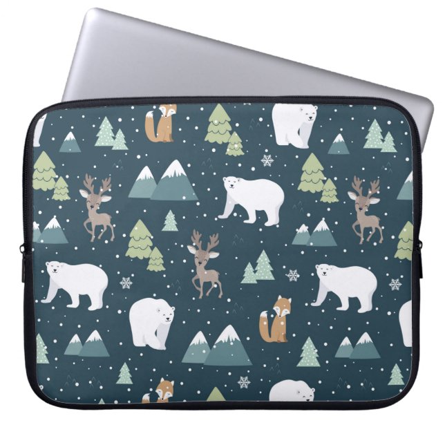 Cute Christmas Winter Animals Rustic Pattern Laptop Sleeve (Front)