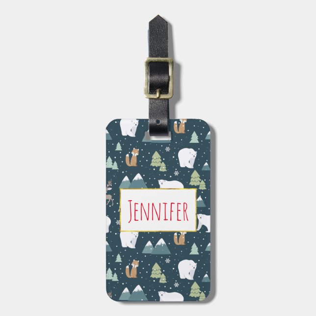Cute Christmas Winter Animals Rustic Pattern Luggage Tag (Front Vertical)