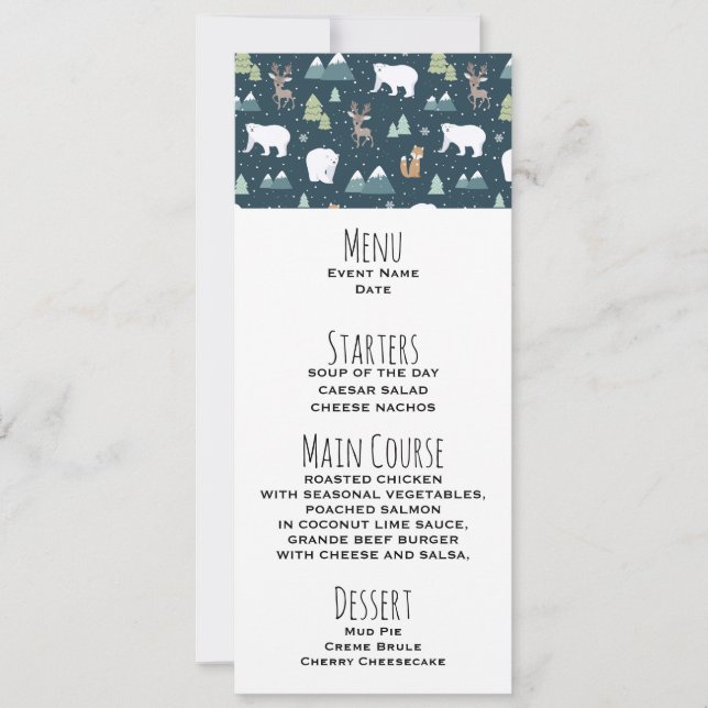 Cute Christmas Winter Animals Rustic Pattern Menu Invitation (Front)