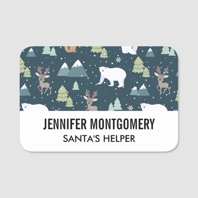 Cute Christmas Winter Animals Rustic Pattern Name Tag (Front)