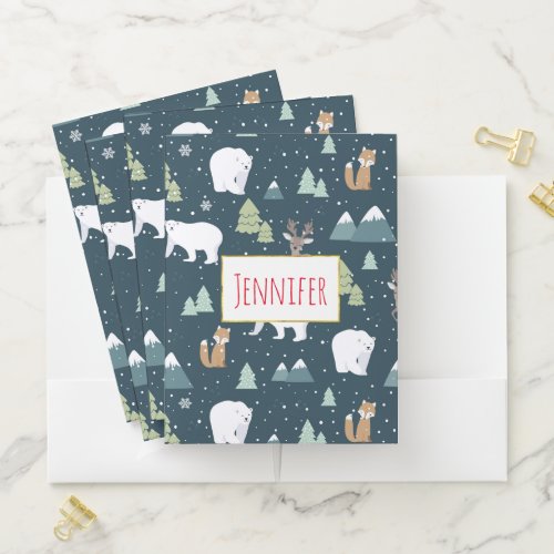 Cute Christmas Winter Animals Rustic Pattern Pocket Folder