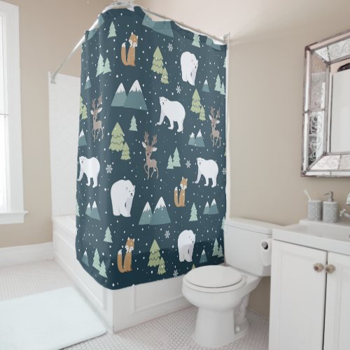 Cute Christmas Winter Animals Rustic Pattern Shower Curtain
