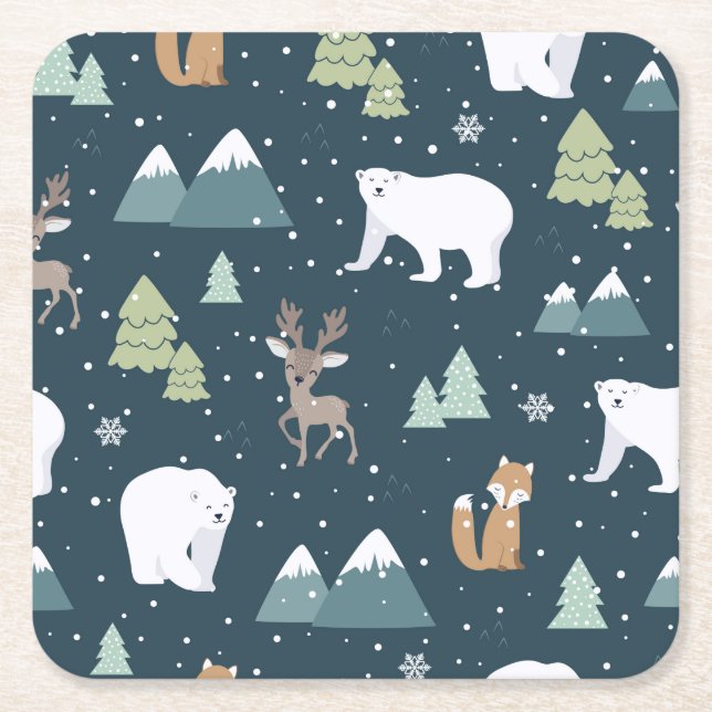 Cute Christmas Winter Animals Rustic Pattern Square Paper Coaster (Front)