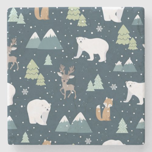 Cute Christmas Winter Animals Rustic Pattern Stone Coaster