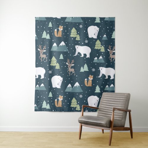 Cute Christmas Winter Animals Rustic Pattern Tapestry