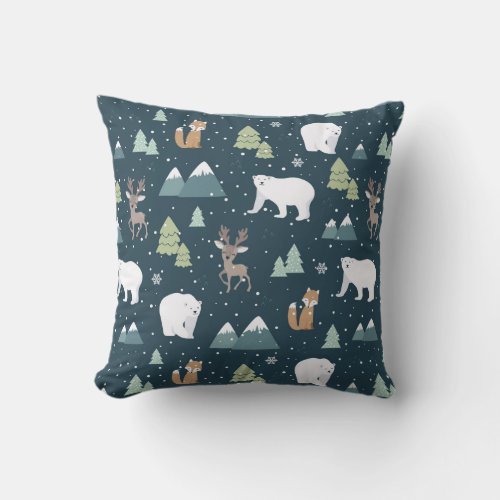 Cute Christmas Winter Animals Rustic Pattern Throw Pillow