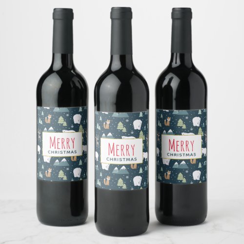 Cute Christmas Winter Animals Rustic Pattern Wine Label