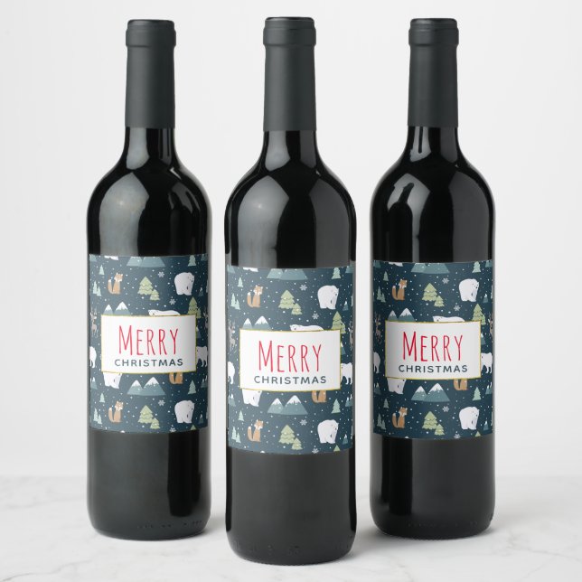 Cute Christmas Winter Animals Rustic Pattern Wine Label (Bottles)
