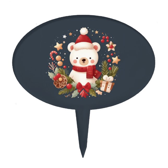 Cute Christmas/Winter bear in wreath Cake Topper (Front)
