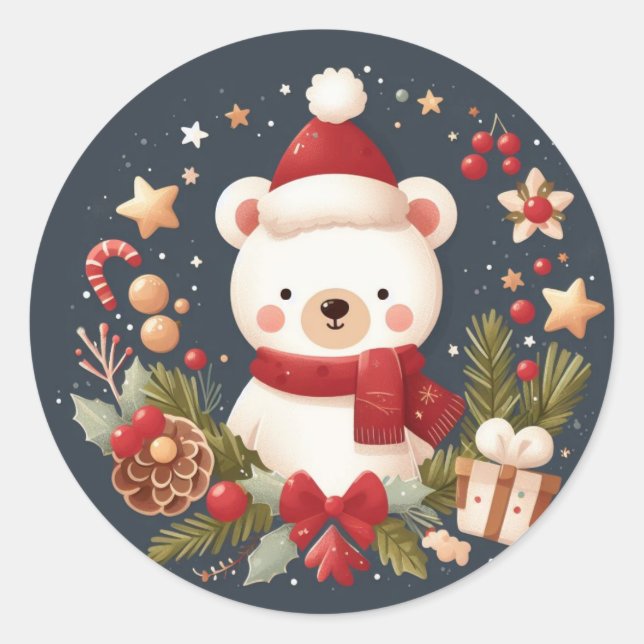 Cute Christmas/Winter bear in wreath Classic Round Sticker (Front)
