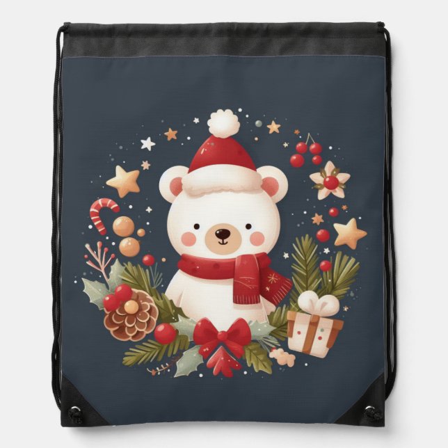Cute Christmas/Winter bear in wreath Drawstring Bag (Front)