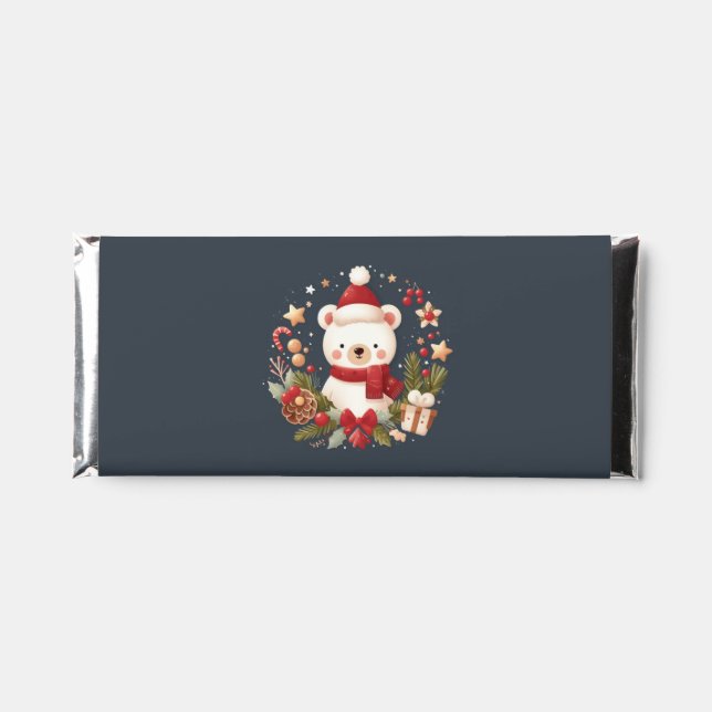 Cute Christmas/Winter bear in wreath Hershey Bar Favors (Front)