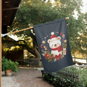 Cute Christmas/Winter bear in wreath House Flag