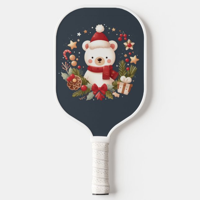 Cute Christmas/Winter bear in wreath Pickleball Paddle (Front)