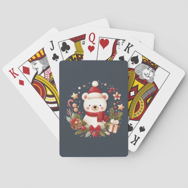 Cute Christmas/Winter bear in wreath Poker Cards (Back)