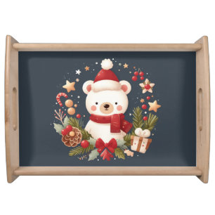 Cute Christmas/Winter bear in wreath Serving Tray