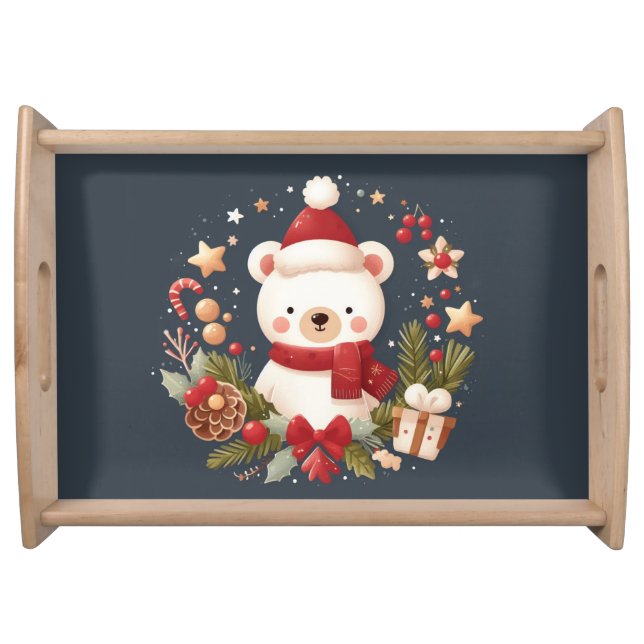 Cute Christmas/Winter bear in wreath Serving Tray (Front)