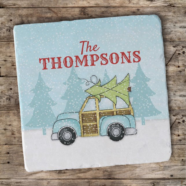 Cute Christmas Winter Blue Car Personalized Trivet (Christmas Woodie Wagon Custom Trivet)