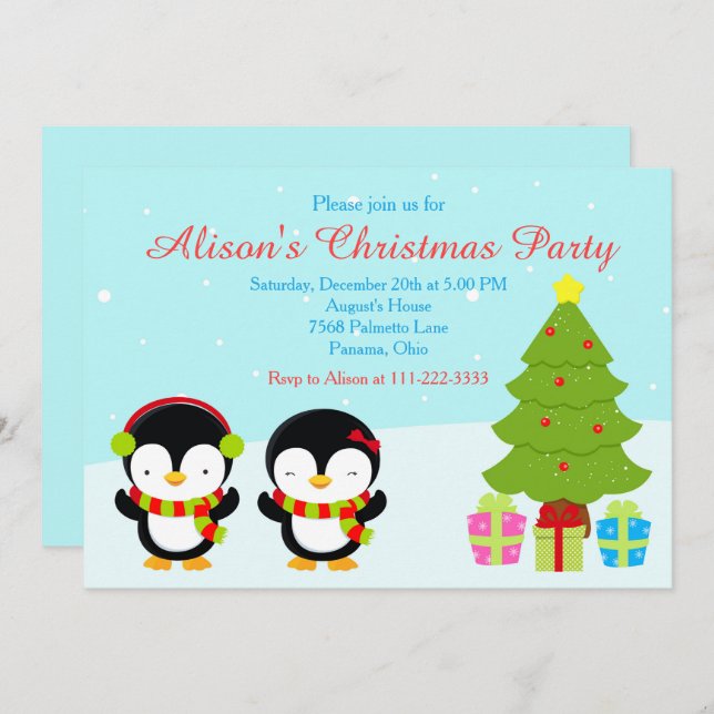 Cute Christmas Winter Penguins and Tree Invitation (Front/Back)