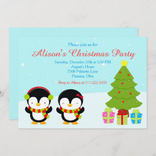 Cute Christmas Winter Penguins and Tree Invitation