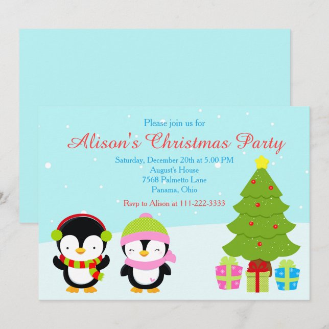 Cute Christmas Winter Penguins and Tree Invitation (Front/Back)