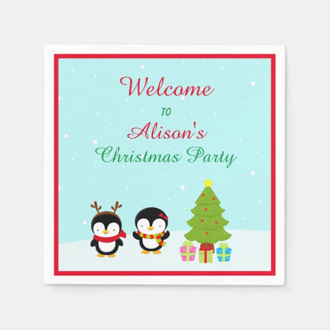 Cute Christmas Winter Penguins and Tree Napkins (Front)