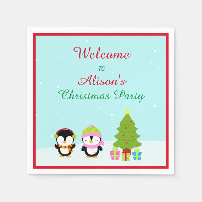 Cute Christmas Winter Penguins and Tree Napkins (Front)