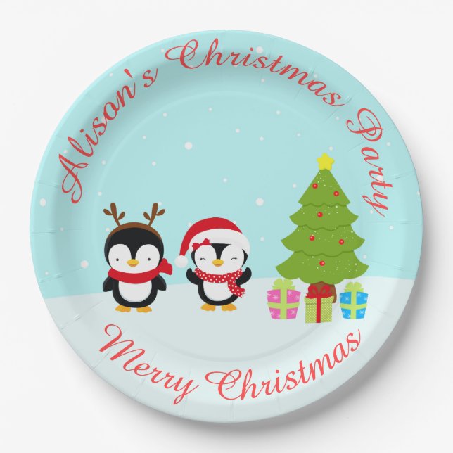 Cute Christmas Winter Penguins and Tree Paper Plates (Front)