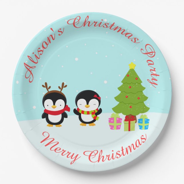 Cute Christmas Winter Penguins and Tree Paper Plates (Front)