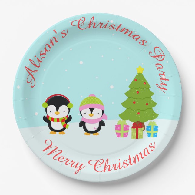 Cute Christmas Winter Penguins and Tree Paper Plates (Front)