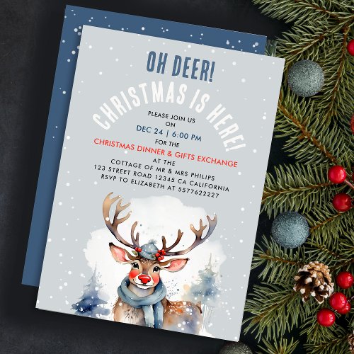 Cute Christmas Winter Reindeer Snow Watercolor  Invitation