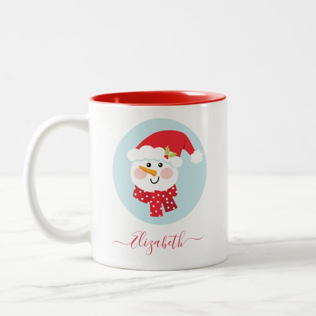 Cute Christmas Winter Snowman Face Two-Tone Coffee Mug (Left)