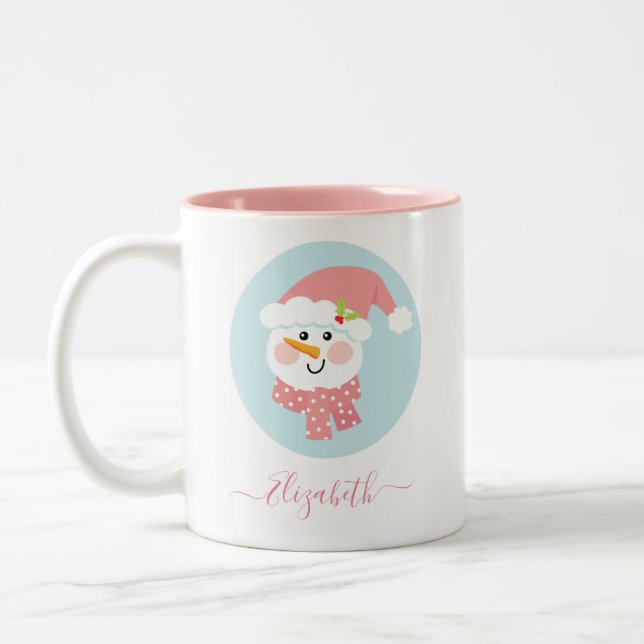 Cute Christmas Winter Snowman Face Two-Tone Coffee Mug (Left)