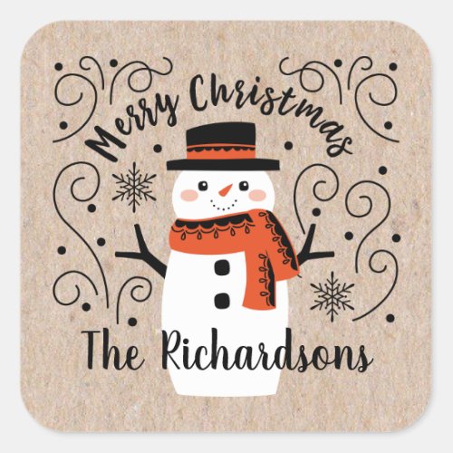 Cute Christmas Winter Snowman Square Sticker