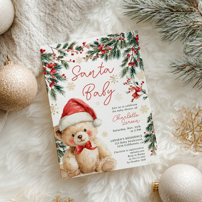 Cute Christmas Winter Teddy Bear Santa Baby Shower Invitation (Cute Christmas Winter Teddy Bear Santa Baby Shower Invitation)
