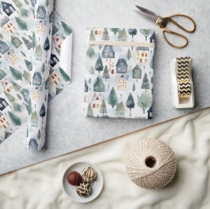 Cute Christmas Winter Watercolor Houses Pattern Wrapping Paper